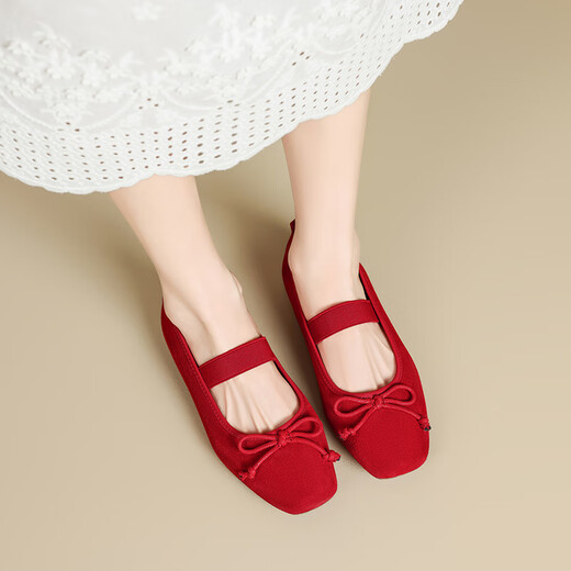 ZHR Single Shoes Frauen Sommertemperament Bow weiche flache Mary Jane Lederschuhe Frauen flacher Mund Ballet Frauenschuhe AH683 rot 39