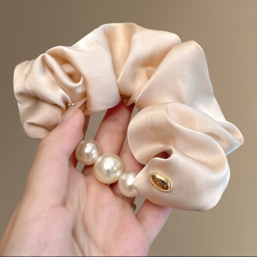 Added Cream Sea Blue Korean Satin Pearl Edge Large Intestine Hair Tie Temperament Gentle Low Ponytail Travel Rubber Band Satin Pearl Hair Tie Apricot