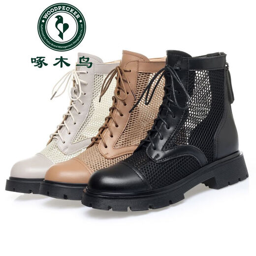 
Woodpecker High-end Spring and Summer 2025 New Mesh Martin Boots Breathable Women's Short Boots Leather Thick Sole Hollow Sandal Boots Middle Heel Black 38