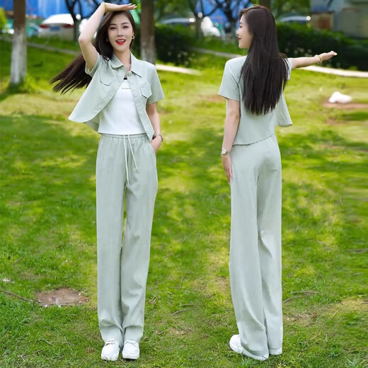忻依美时尚套装女2025夏季新款洋气宽松显瘦短袖开衫上衣阔腿裤两件套 浅绿色套装+背心【三件套】 XL 【110-120斤】