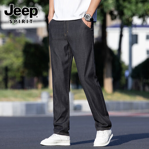 Jeep (Jeep) Los delgados jeans oscuros de los hombres, verano, suelto, recto, recto, ultra delgado, seda negra, pantalones largos largos, verano 9767, azul medio 32 cintura de cintura dos pies cinco