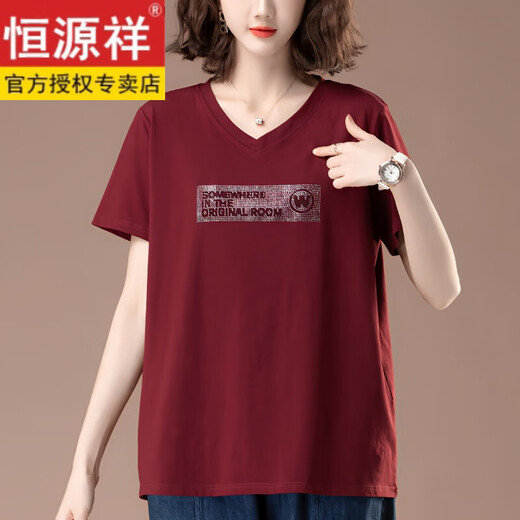 恒源祥V领宽松t恤夏装新款中年妈妈洋气短袖上衣大码女装胖mm显瘦潮 9923酒红色长袖 L 适合体重105-119