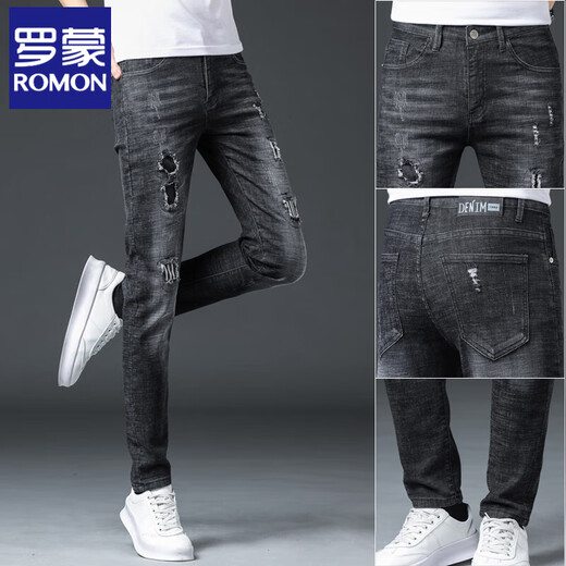 ROMON ripped jeans men's summer thin style 2025 new casual trend elastic slim fit men's long trousers 6636 black 31