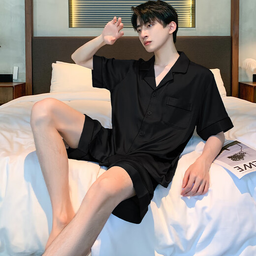 
Catman MiiOW pajamas men summer ice silk short sleeve thin summer black simulated silk summer style can be worn outside home clothing suit [ice silk] S1381 men L