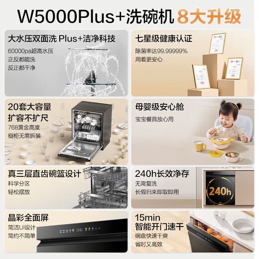 Haier dishwasher W5000Plus+ household fully automatic built-in dishwasher 20 sets + 3 capacity high water pressure seven-star disinfection UV double sterilization W5000Plus+ 20 sets high water pressure new model