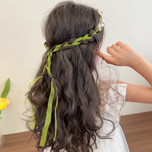 Jieyi Mint Diffuse Green Children's Braided Hairband Sweet Hairband Little Princess Festival Performance Headband Streamer Birthday Wreath Wizard of Oz Pearl Hairband 1 Pack