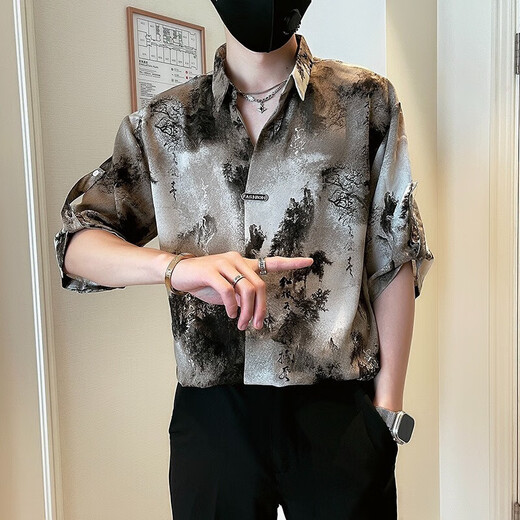 新中式国风衬衫男短袖休闲痞帅水墨扎染衬衣夏季薄款男士国潮上衣 FC-A683 卡其色 XL