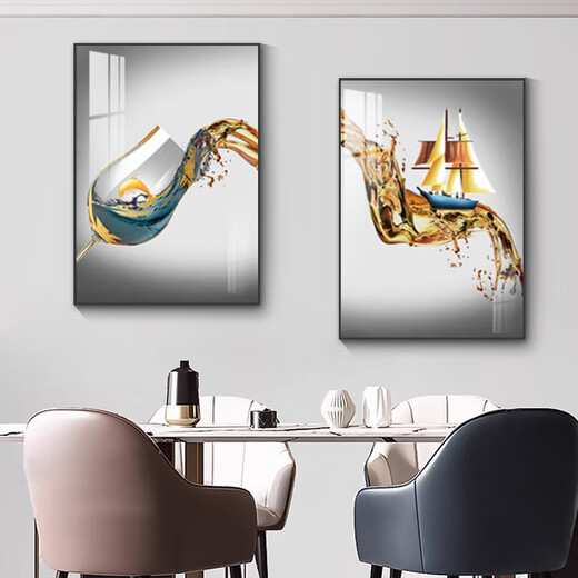 
YIJLJ modern and simple restaurant decoration painting two-link creative wine glass hanging painting atmospheric light luxury dining room wall high-end hall mural glass wine time 15838-15839 50*70 Crystal picture + aluminum alloy frame + black frame