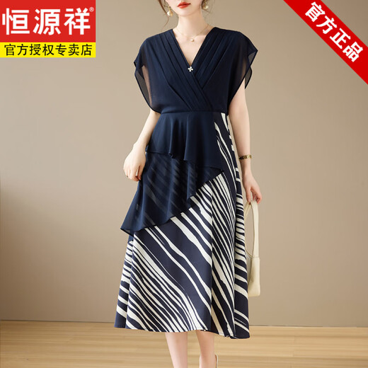 恒源祥母亲节妈妈夏装新款连衣裙洋气时尚中老年女长款短袖雪纺显瘦裙子 卡其 XL 【推荐90-110斤