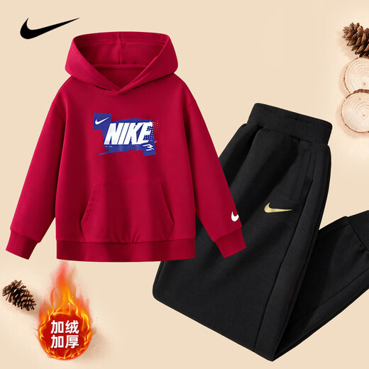 NIKE Nike Girls Sports Suit Plus Velvet Hooded 2025 New Autumn and Winter Boys Cotton Two-Piece Suit Children's Thickened College Red 2236 Autumn and Winter Velvet Style High Weight 160/L Recommended Height 152-158cm
