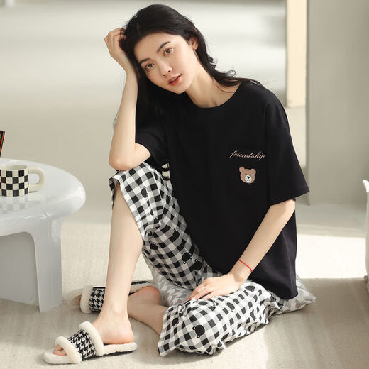 雅鹿睡衣女2025夏季新款短袖宽松型睡衣短裤韩版七分裤休闲家居服套装 N6A9885(套装短裤) M码(85105斤) 均码