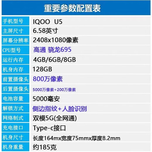 vivoiqoo u5 Snapdragon 695 Prozessor 6,58 Zoll hochauflösend großer Bildschirm 120 Hz Aktualisierungsrate 50 Millionen Pixel Deep Black 4+128 GB/Paket Eins