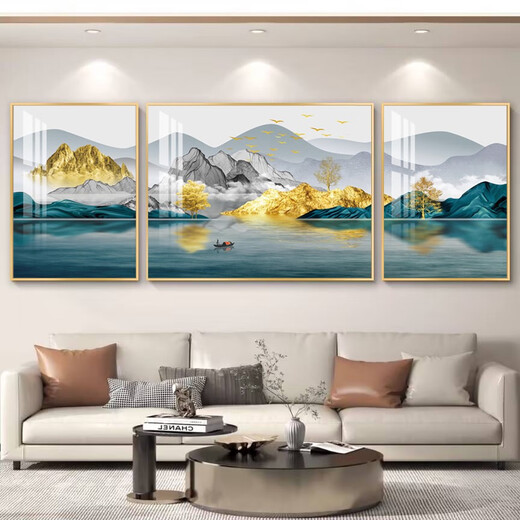 Sala de estar tríptica luz moderna de lujo sofá fondo pared pintura colgante atmosférico y buen significado pintura decorativa de sala de estar slh-9230 (seda de oro diez mil millas) 40*60 en ambos lados 80*60 en el medio 2.5 metros