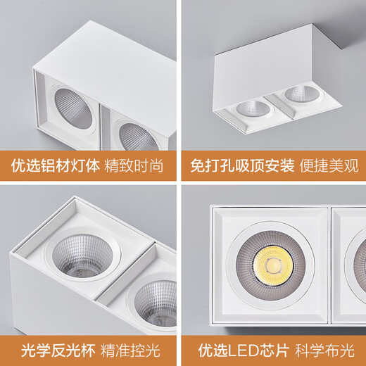 OPPLE LED spotlight ceiling light hole anti-glare spotlight living room double-headed barrel square Lingzhong III surface-mounted grille double-headed light ceiling installation 2*8W-white