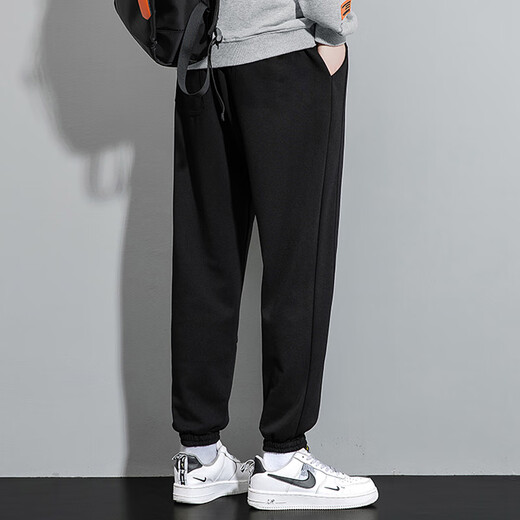 Mianzhi Guocha brand men's casual pants, men's Korean style versatile leggings, loose lace-up sports pants, black XL