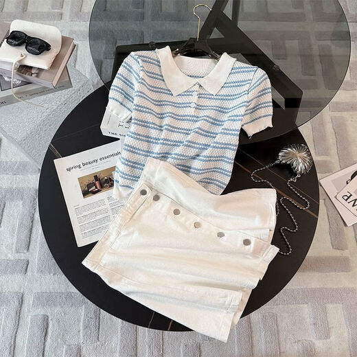 Longwenstin (L.WEST) Summer 2025 New Korean Striped Short Sleeve Top Slim and Versatile Denim Short Skirt Suit Skirt Two-piece Summer White Skirt 7170B S