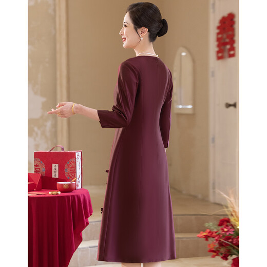 Paste Xi's mother-in-law mid-sleeve satin round neck mother's dress wedding banquet and family dinner dignified and elegant dress purple L