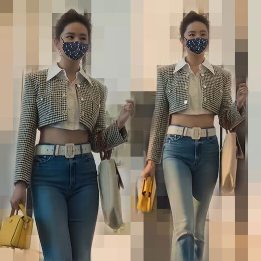 格子外套女短款玫瑰故事黄亦玫感纽扣长袖小香风外衣 衬衣 S S