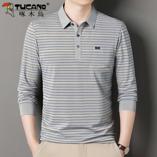 
Woodpecker striped long-sleeved T-shirt for men in spring and autumn new casual middle-aged and elderly daddy lapel pocket base middle-aged top SY-CX-6627 green thin XL 175/135-155Jin[Jin equals 0.5 kg]