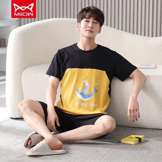 
Catman (MiiOW) men's pajamas summer pure cotton thin round neck short sleeves youth loose casual simple striped shorts home clothing FA#6627 L Recommended 100-125 Jin [Jin equals 0.5 kg]