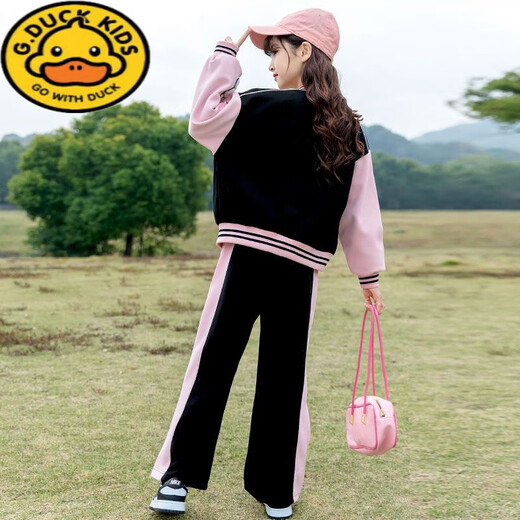 G.DuckKids Girls Baseball Costume printemps 2025 Nouveau style collégial Style Mid-Garning Children's Fashionable Spring and Automne Sportswear Two-Piece Set BQ1396 Black Two-Piece Set 150 taille recommandée environ 140