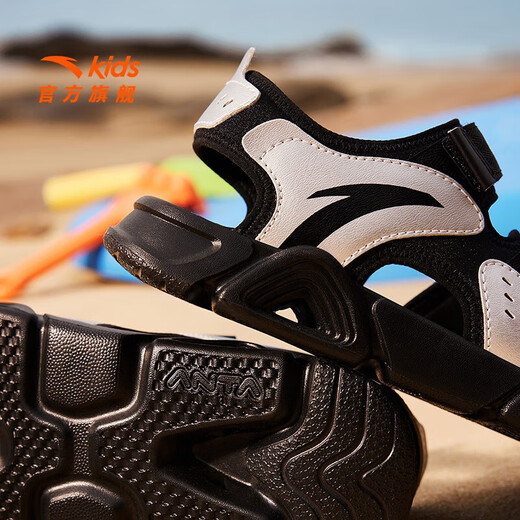 ANTA Children's Sandals Men's and Women's Shoes 2025 Summer New Summer Velcro Lingbo Open Toe Arch Beach Shoes Boys Black/Silver-8 39