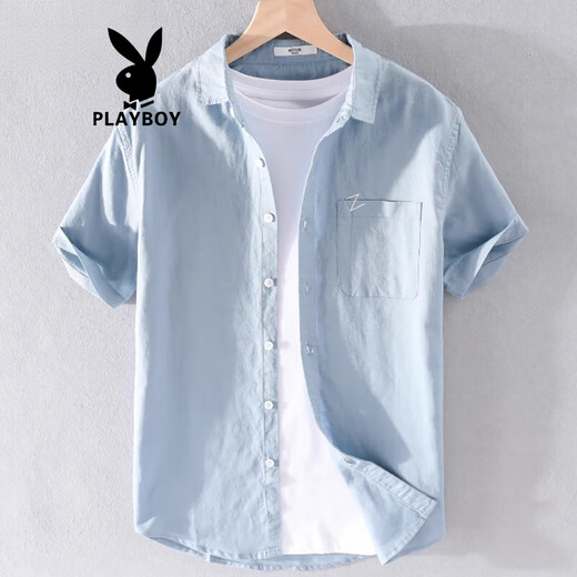 
Playboy (PLAYBOY) men's high-end linen shirt summer trendy brand thin cotton linen top men's casual short-sleeved T-shirt summer clothes yunyi-9711 blue L