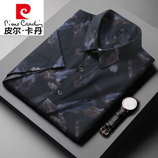 皮尔卡丹（pierre cardin）特大码花衬衫男短袖肥佬胖子加肥加大300斤夏季薄款宽松弹力衬衣 9207款黑色 L