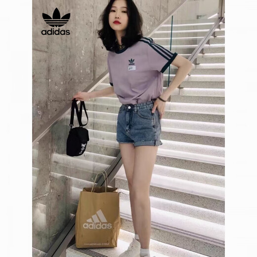 阿迪达斯 （adidas）三叶草夏季新款纯棉短袖女士刺绣休闲宽松运动百搭圆领T恤 9893短袖 粉紫 XS