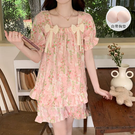 Bei Yifu-Pyjamas mit Brustpolster für Frauen für Sommershorts, Cloud Cotton Internet Promi dünne süße süße Cartoon-Heimkleidung Set ZZ9902-2#Little Red Flower XL