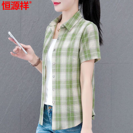 恒源祥高档棉格子衬衫女短袖2025年夏季新款时尚气质小衫洋气外穿衬衣 WJG9201蓝色长袖 M 建议95-105斤