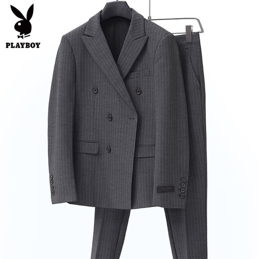 Playboy (PLAYBOY) striped suit suit men's business formal two-piece suit British trend Korean version slim small suit professional dress navy blue double-breasted suit + trousers S /46