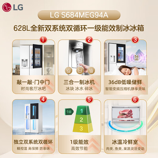 LG冰箱628L双循环敲一敲门中门对开制冰冰箱家用94A S684MEG94A628L水光白