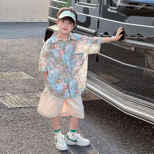 冠贸裴夏季儿童花衬衫痞帅男孩短袖潮港风 6626花色衬衫单件 150