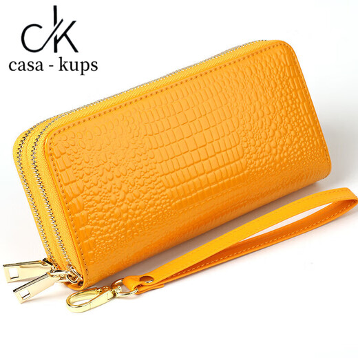 casa-kups2025真皮双拉链钱包女士长款大容量手拿包双层钱夹亮皮零钱包简约 黑色鳄鱼纹