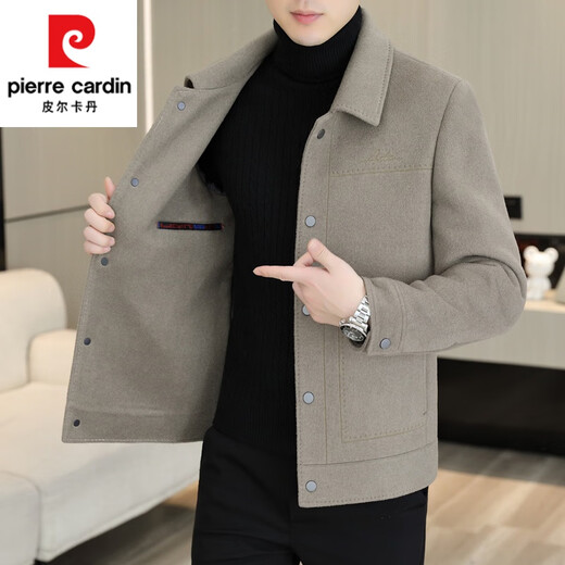 Pierre Cardin Men's Double-sided Woolen Jacket Woolen Jacket Autumn and Winter Men's Woolen Coat Short Cashmere Windbreaker Men's Khaki 2XL 185 Size (145-160Jin Jin is equal to 0.5 kg can be worn)