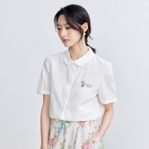 
InMAN (INMAN) pure cotton literary embroidered short-sleeved white shirt for women 2025 summer comfortable and versatile commuter lapel shirt top Pearl white M