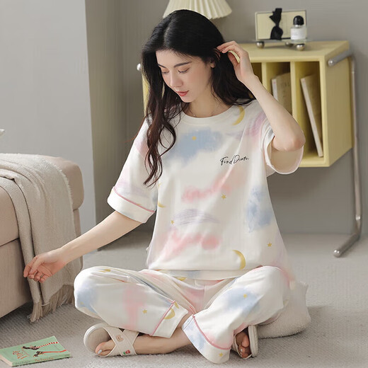 Urban Beauty Summer Pyjamas Coton de coton pur féminin mince pantalon à manches courtes SUPPLICATION DE STYLE CORÉAN COREAN SPRING ET AUTOMNE VOYAGE LOBE Y9716 L (Recommandé 95-115 Jin [Jin est égal à 0,5 kg]))