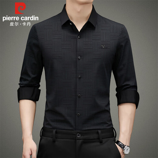 Pierre Cardin long-sleeved shirt men's spring and autumn loose trendy business casual knitted plaid shirt for young and middle-aged people, black 2XL