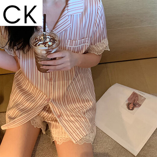 CK lace striped ice silk pajamas for women ins spring and summer ins windy home clothes can be worn outside LW-9214 [fabric] M [recommended 80-100Jin [Jin equals 0.5 kg]]