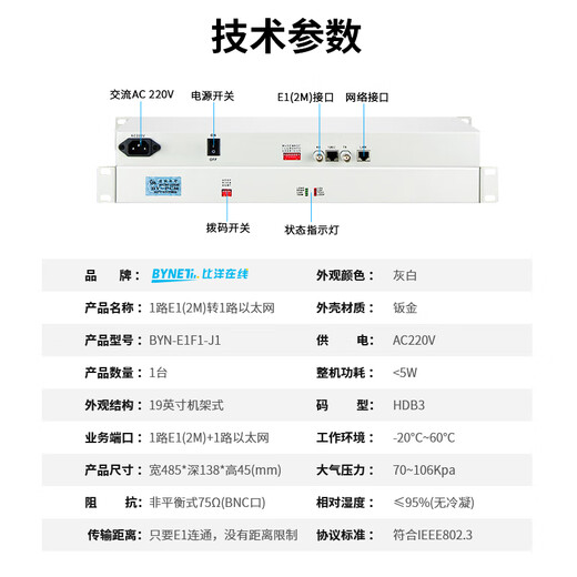 BYNET E1 protocol converter remote end (rack-mounted) 1-way E1 to Ethernet single-ended, can be matched with convergence protocol converter, 1 unit price BYN-E1F1-J1
