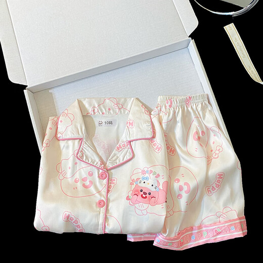 Ice Silk Children's Pyjamas Summer 2025 Nouveau style fille mignonne fille dessin animée en deux pièces vêtements à la maison Summer 6630 # ensemble deux pièces [manches courtes + shorts] 100 [8 tailles] 100-110cm 30-40jin [Jin est égal à 0,5 kg]