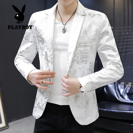 Playboy (PLAYBOY) floral suit men's Korean version slim fit bronzing spring and autumn trendy small suit nightclub hairstylist top trendy jacket 1999 white M