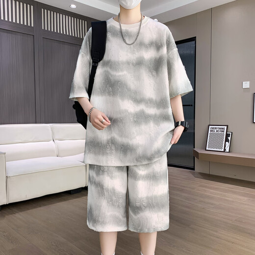 Gegusen casual sports ice silk suit 12-16-year-old boy summer trendy brand short-sleeved shorts summer teenagers men's clothing trend T6630 black M 80-100Jin [Jin equals 0.5 kg] wearable