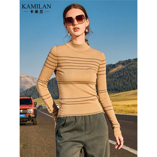 卡米兰（kamilan）长袖修身显瘦羊毛衫女2023秋季新款长袖条纹毛衣打底衫上衣 卡其色 S