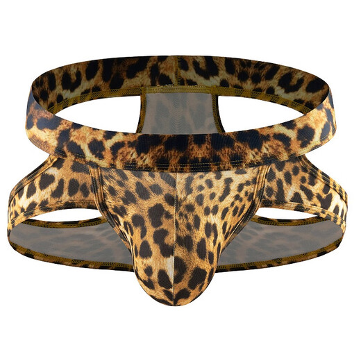 Men's leopard print double trousers, boys' low waist sexy thongs, pure desire style buttock lifting sexy hollowed-out t-trousers, Leopard print gold S90-110Jin [Jin equals 0.5 kg]