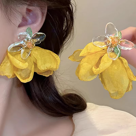Meng Keduo Super Fairy Earrings Yellow Chiffon Flower Personalized Exaggerated Earrings Earrings Earrings 2025 New Holiday Travel Accessories Petal Earrings Yellow