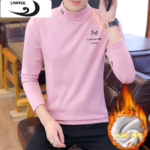 Langgu LAWKUL long-sleeved t-shirt for men in autumn and winter plus velvet and thickened half turtleneck bottoming shirt trendy slim and warm men's top T7151 Khaki XL