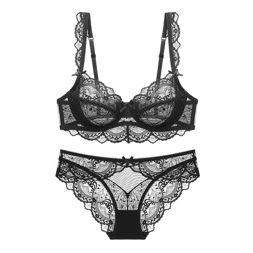 Dudant Luxury International Brand Sexy Underwear Women's Black Lace Big Breast Revealing Small Side Breasts Anti-Sagging Bra Set Black Set A Style S 32/70A (With Panties)