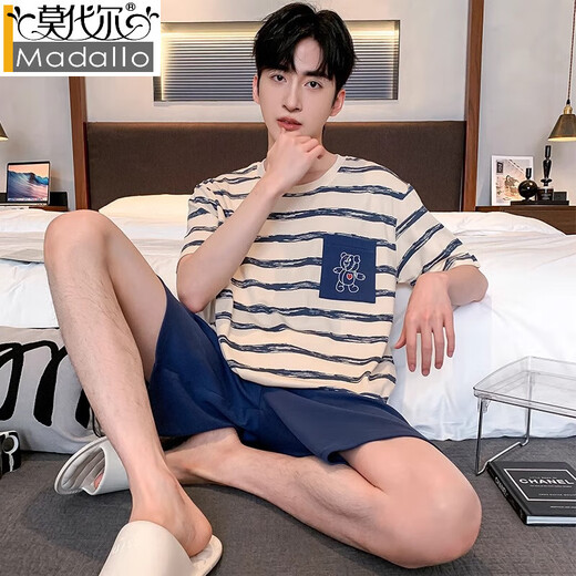 莫代尔100%纯棉睡衣男夏季短袖卡通条纹青少年宽松大码可外穿家居服套装 YZT673棉套装 L 码 建议110-130斤